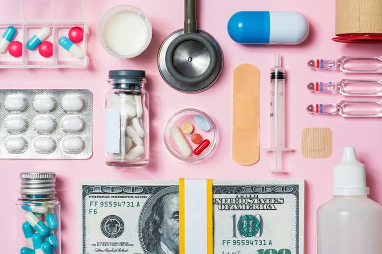 Medicine and American dollar flat lay